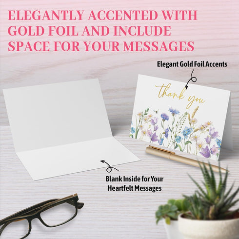 50 Pack 6x4in 10 Decorably Gold Foiled Wildflower Thank You Cards Wedding with Envelopes and Stickers, Folded