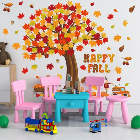 Chivertion 150 Pcs Fall Classroom Tree Bulletin Board Set, Happy Fall Decorations with Maple Leaves and Pumpkins