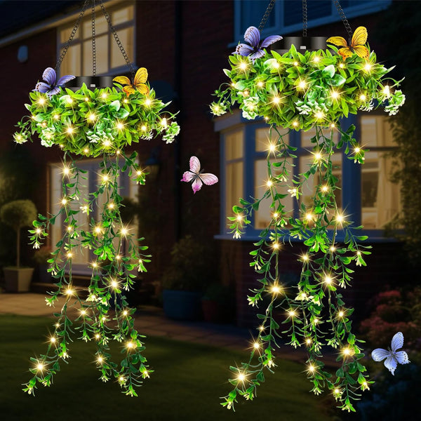 MEYCEMT Solar Hanging Garden Lights for Spring Summer, 2 Pack 66 LEDs Realistic