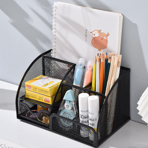 Black Mesh Pen Holder and Organizer with 7 Compartments, Metal Desktop Organizer with Drawer, 9.1" x 5.9" x 5.5''