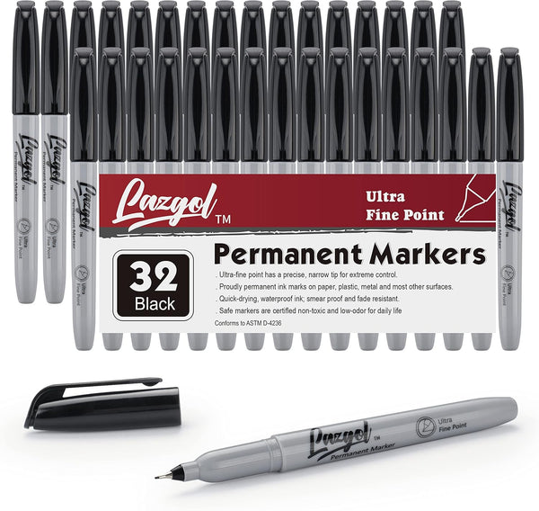 Ultra Fine Permanent Marker Bulk, 32 Pack Ultra Fine Point Black Permanent Marker Set for Doodling, Marking