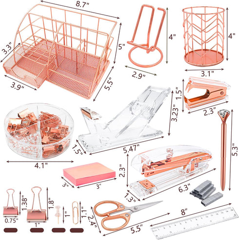 Rose Gold Desk Organizers Set, 13PS Office Supplies with Acrylic Stapler, Tape Dispenser, and Pen Holder