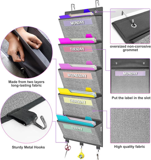 homyfort Over the Door Hanging File Organizer, Weekly File Folders for Mail, Magazine, Notebooks, 5 Large Pockets