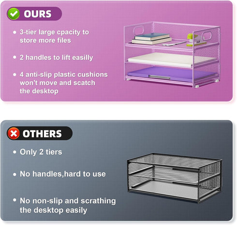 Marbrasse 3 Tier Paper Organizer, Mesh File Organizer with Handle for Home Office Supplies (Purple)