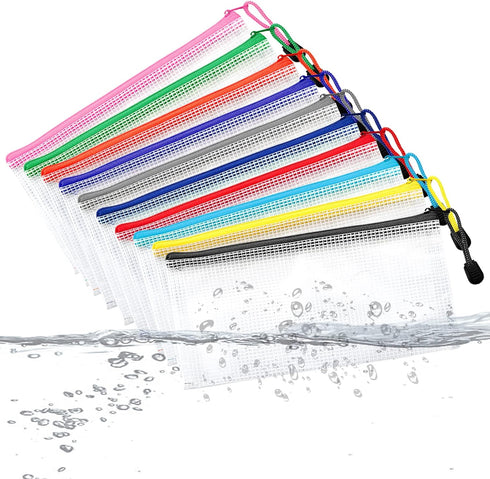 Hedume 50 Pack 10 Colors Zipper Mesh Pouch, Waterproof Plastic Zip File Bags for Travel and Office Supplies
