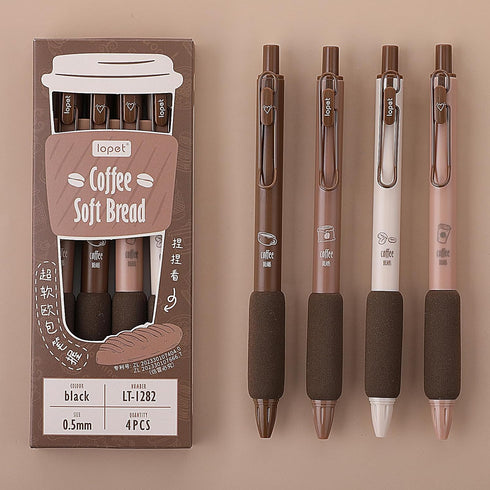 Mabor 4Pcs Cute Coffee Gel Pens, Retractable Quick Dry Ink 0.5mm Fine Point Black Ink Aesthetic Writing Supplies