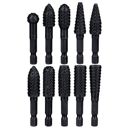 Yakamoz 10Pcs 1/4 Inch Hex Shank Rotary Rasp File Set - Wood Carving Burrs Drill Bits for Wood Polishing