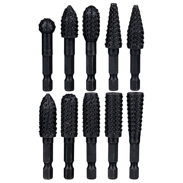 Yakamoz 10Pcs 1/4 Inch Hex Shank Rotary Rasp File Set - Wood Carving Burrs Drill Bits for Wood Polishing
