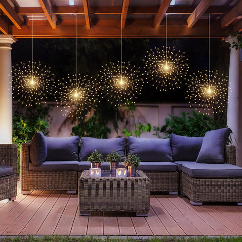 4 800LED 8 Dimmable Pcs Solar Starburst Sphere Lights,Firework Light Remote Control Timer Modes Waterproof Hanging