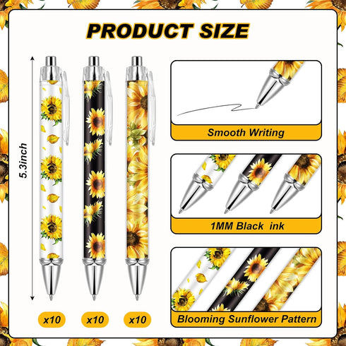 Qilery 30 Pcs Sunflower Ballpoint Pens Flower Pens Retractable Yellow Pens Plant Click Ball Pens Creative Floral Gel Ink Pen Black Ink Medium Point 1.0 mm Pens for School Office Journaling Gift by Qilery