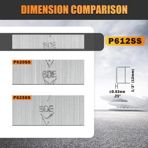P612 9,000 PCS/BOX Headless Pin Nails, 23 Gauge 1/2'' (12mm) Stainless Steel Fasteners for Pneumatic Nail Gun