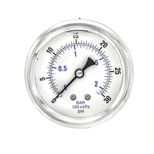 PIC Gauges PRO-202L-254C Industrial Pressure Gauge, Center Back Mount, 2.5" Dial, 0/30 psi Range, 1/4" Male NPT