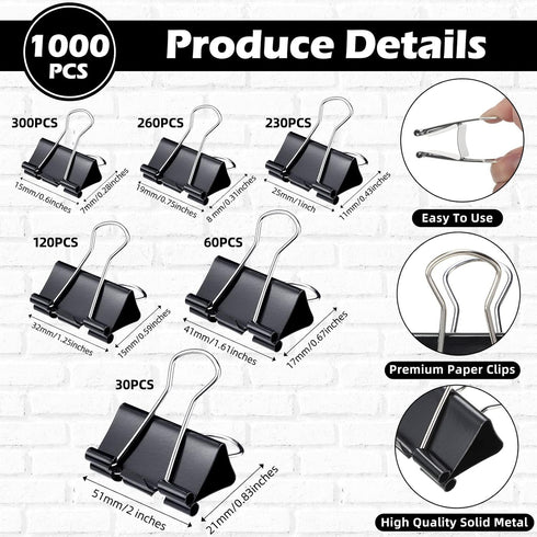 Yexiya 1000 Pcs Binder Clips Bulk, Assorted Sizes Black Paper Clips for School Teachers and Office Supplies