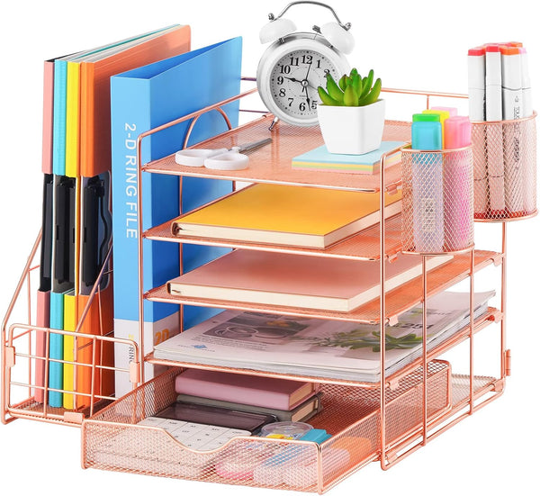 Marbrasse Rose Gold Desk Organizer with 5-Tier Paper Letter Tray, Drawer and 2 Pen Holder