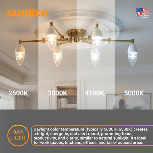 B13 Bulb, 7 (60W=), 500 120 Dimmable, E12 90 Title-20, 5000K 6 Pack Sunlite LED Decorative Chandelier Light Watts