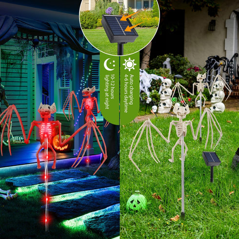 BeHiller 2PCS Set Decorations,3D of Solar Garden Lights Outdoor for Halloween RED Scary Bat Realistic Skeleton Decor