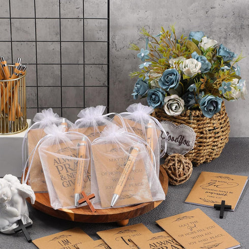 Jutom Set of 60 Christian Gift Bible Verse Retractable Bamboo Pens and Kraft Notebooks, Inspirational Notebooks