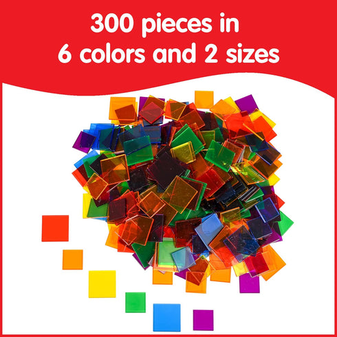edxeducation Transparent Tiles | Mini Jar | Colorful, Plastic Squares | Light Box Accessory | Sensory Play | Early Math