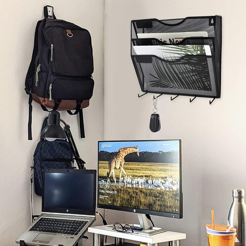 EASEPRES 3 Pocket Mesh Hanging File Organizer with Key Holder Hooks, Wall Mounted Mail Document Storage for Office