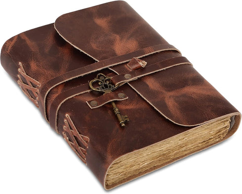 Leather Journal, 8x6 inch, Lined Deckle Edge Paper, Handmade Writing Notebook, Vintage Key, for Men & Women