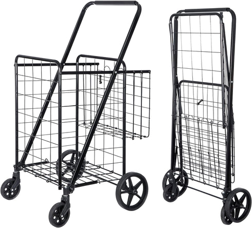 SUPER DEAL Folding Shopping Cart with Wheels and Double Basket for Groceries