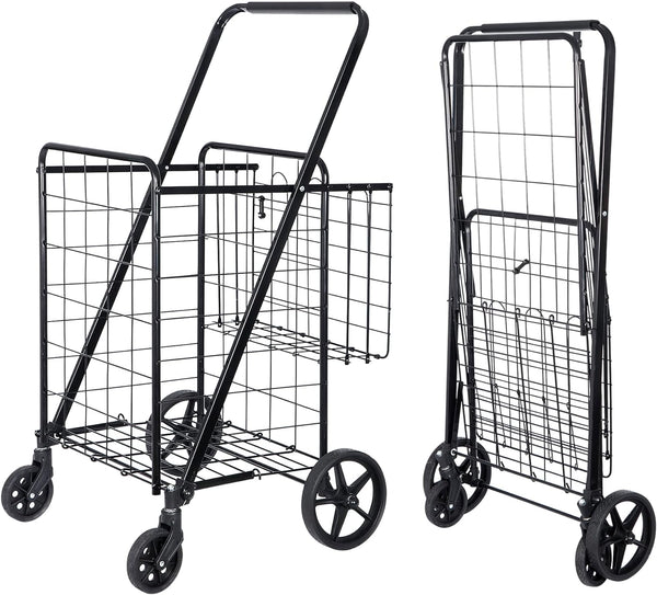 SUPER DEAL Folding Shopping Cart with Wheels and Double Basket for Groceries