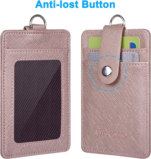 Wisdompro Retractable Badge Holder with Lanyard, Double Sided PU Leather ID Card Holder, Rose Gold