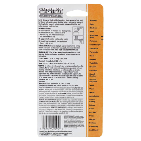 Gorilla Waterproof Caulk & Seal, 100% Silicone Sealant, White, 2.8oz Squeeze Tube (Pack of 2)