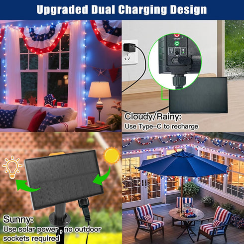 LitHome 100 33FT 34Colors 102 4th LED Solar Christmas String Lights Outdoor, Changing Solar/USB Red White Blue Lights