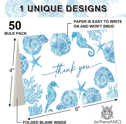 50 Packs Summer 4 6 Inch JarThenaAMCS Ocean Thank You Cards Greeting Cards Blue Under The Sea Seashell Seahorse Blank