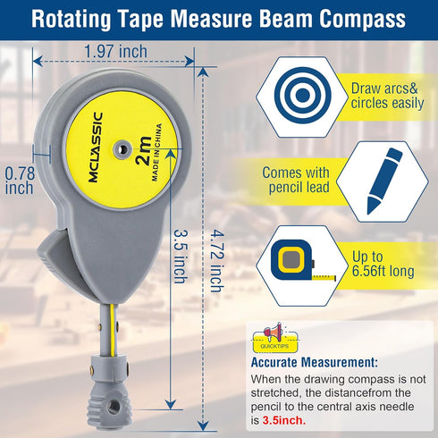 Dreyoo 6.56 ft Rotape Tape Measure Compass with 10 Pencil Leads, Measure Beam Compass for Drawing Circles and Lines, Retractable Circle Drawing Tool with Tape Measure