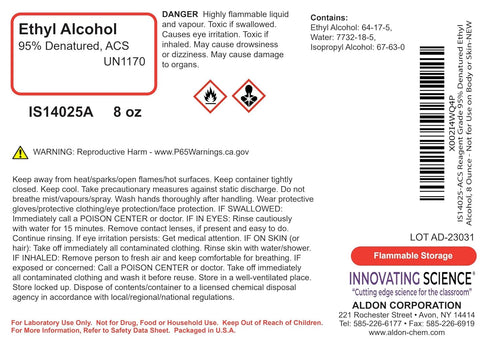 Aldon 8 Ounce ACS Reagent Grade 95% Denatured Ethyl Alcohol - Not for Body or Skin Use