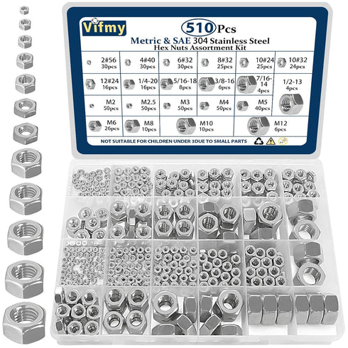 Vifmy 2 in 1 SAE & Metric Hex Nut Assortment Kit(510pcs),2#56 4#40 6#32