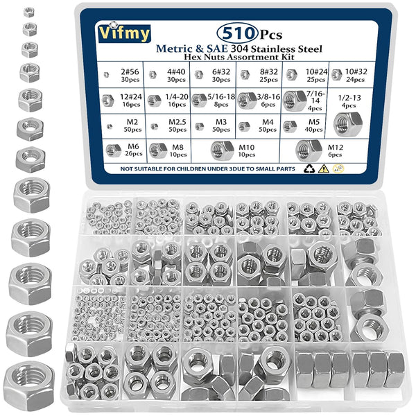 Vifmy 2 in 1 SAE & Metric Hex Nut Assortment Kit(510pcs),2#56 4#40 6#32