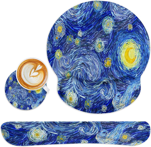 Britimes Mouse Pad 3pcs Set with Wrist Support, Abstract Night Sky Non-Slip Rubber Base for Home Office Gaming