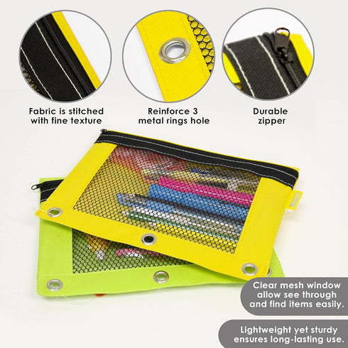 BAZIC Bright Color 3-Ring Pencil Pouch with Mesh Window