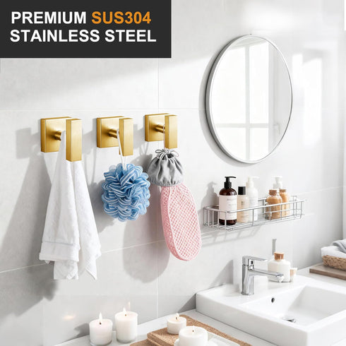 SUS304 4 Pack Towel Hooks for Bathrooms, Brushed Gold Towel Hook for Kitchen Bathroom, Stainless Steel Coat Hook