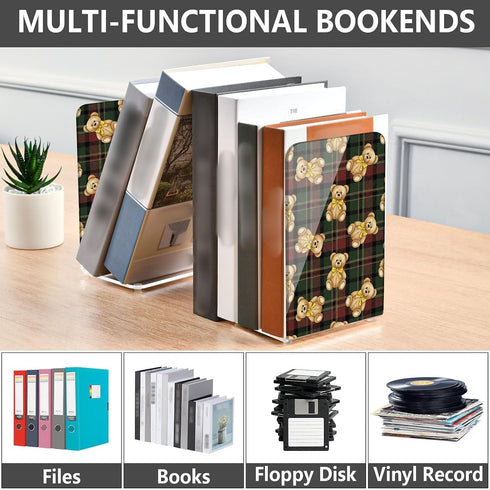 J JOYSAY Holiday Teddy Bears Plaid Print Acrylic Bookends L Shaped Decorative Book Holders Stopper with Non Slip Pads