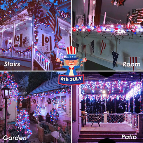 4th 200 66FT 13 4th of July Red White and Blue Lights, Connectable LED String Lights Plug in, Modes July Twinkle Lights