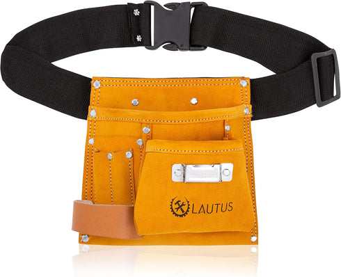 LAUTUS Suede Tool Bag with Adjustable Poly Web Belt - 5 Pockets for Hammer and Tape Measure Holder