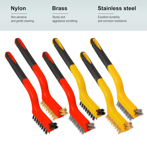 YUOILHY 6Pcs Small Wire Brushes for Cleaning Rust, Brass/Nylon/Stainless Steel Brushes with Curved Handle for Cleaning