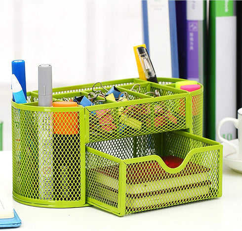 VANRA Metal Mesh Desk Supply Caddy, Desktop Office Supplies Organizer, 8 Compartments with Drawer (Green)