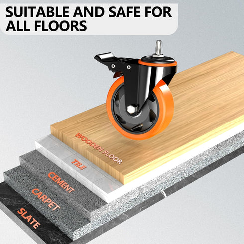 Heavy Duty 3 Inch Stem Caster, 1/2"-13 x 1" Safety Locking Caster Set of 4 for Industrial Cart and Furniture