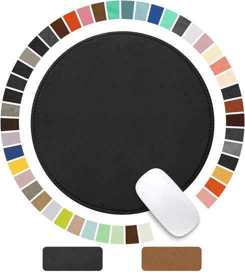 Round PU Leather Mouse Pad with Stitched Edge, Non-Slip Waterproof Micro-Fiber Base, 9 x 9 Inch (Black)