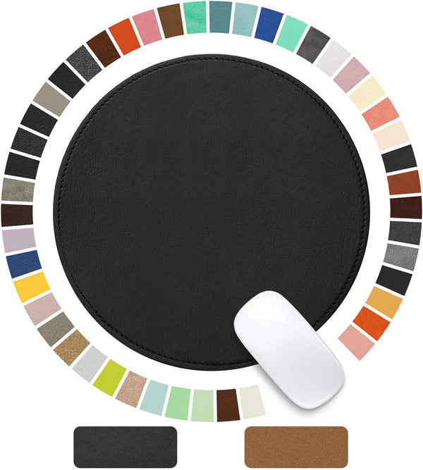 Round PU Leather Mouse Pad with Stitched Edge, Non-Slip Waterproof Micro-Fiber Base, 9 x 9 Inch (Black)