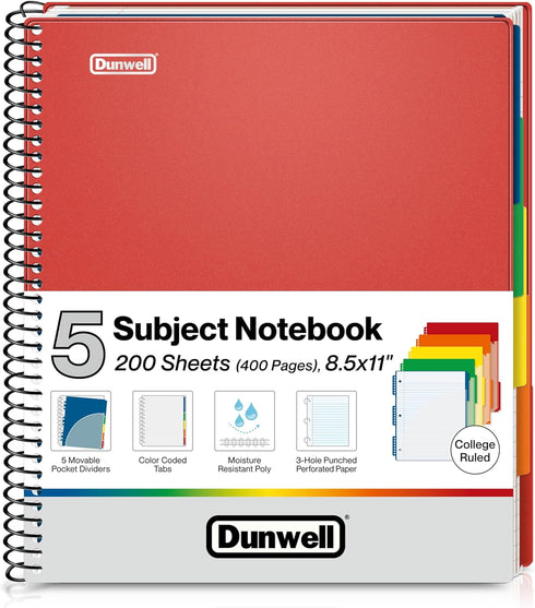 Dunwell 5-Subject College Ruled Notebook, 8.5x11 (Red), 200 Sheets (400 Pages), Spiral with Tabs and Pockets