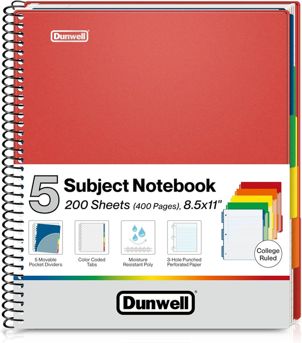 Dunwell 5-Subject College Ruled Notebook, 8.5x11 (Red), 200 Sheets (400 Pages), Spiral with Tabs and Pockets