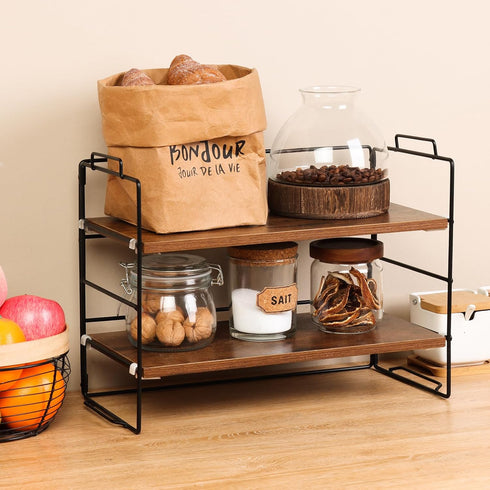 KATHY&BOB Wood Desk Shelf Organizer, 2-Tier Adjustable Stackable Storage Rack for Office, Kitchen, Bathroom,