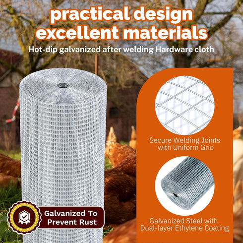 1/2'' 24'' 50' 19 X Hardware Cloth, Gauge Chicken Wire Fencing Double Layer Hot Dip Galvanizing, Wire Mesh Fence