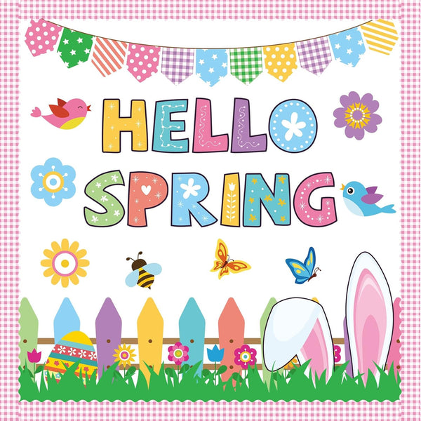 Happy Easter Bulletin Board Set with Pink Check Border, Rabbit, Bees, Butterflies, Hello Spring Cutouts for Kids